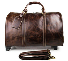 Load image into Gallery viewer, Men's large genuine leather travel wheeled duffel Cowhide trolley case 20" Brown Big Rolling luggage Boston bag Free shipping