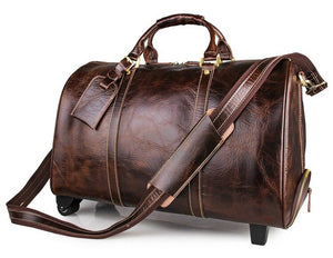 Men's large genuine leather travel wheeled duffel Cowhide trolley case 20" Brown Big Rolling luggage Boston bag Free shipping