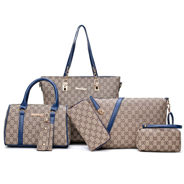 6PCS Women's Bag Set Fashion PU Leather Ladies Handbag 8 words Print Messenger Shoulder Bag Wallet Bags Famous brand 2020