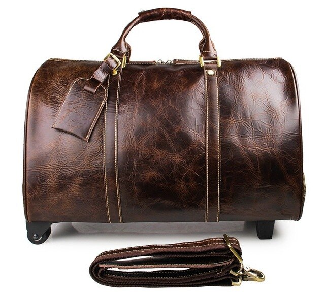 Men's large genuine leather travel wheeled duffel Cowhide trolley case 20