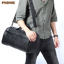 Load image into Gallery viewer, Casual simple genuine leather men's travel bag handbag fashion natural soft real cowhide weekend outdoor black luggage bag
